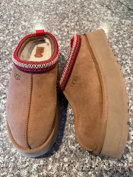 UGG Shoes - UGG Chestnut Brown Suede Platform Slip-On Clogs with Red Trim